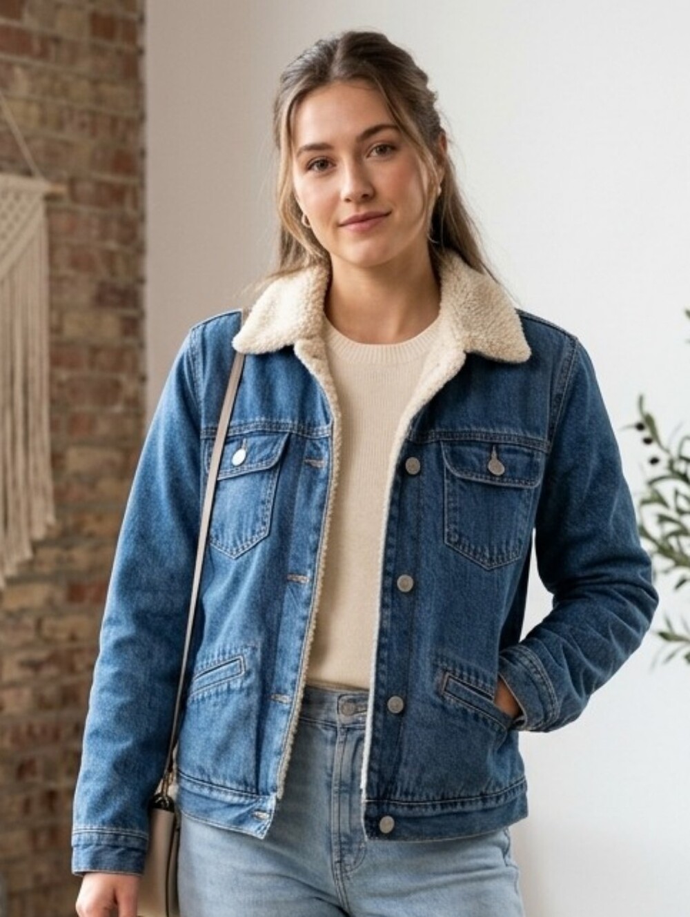GAP Blue Denim Jacket with Cream Sherpa Collar